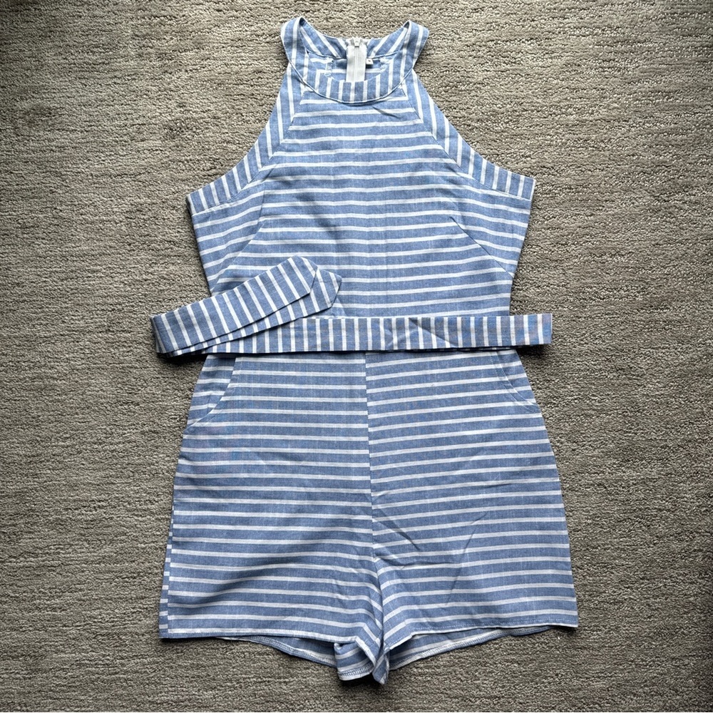 Blue Striped Halter Neck Romper - Medium
